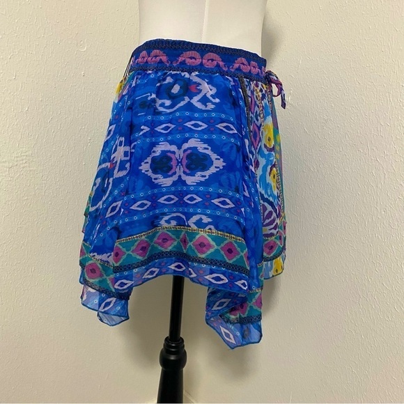 ZARA Boho Small Mini Skirt Blue Multi Asymmetrical Aztec Print Layered NWT - Picture 3 of 10